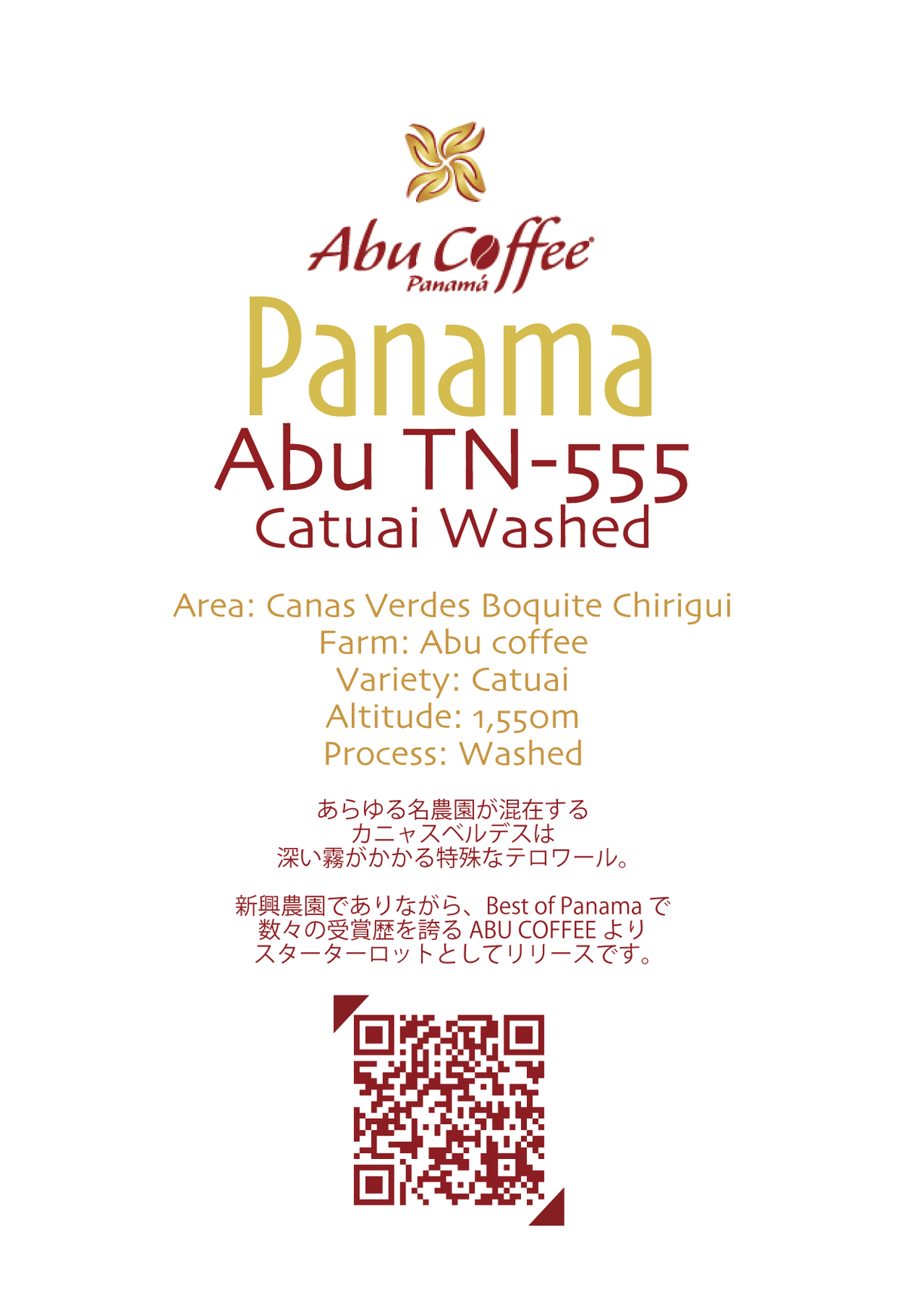 浅煎り】パナマ アブ TN555 カトゥアイ ウォッシュド / Panama ABU