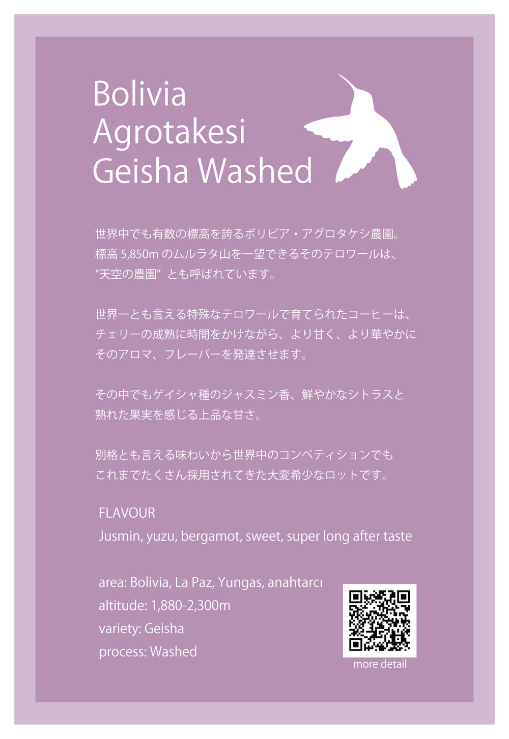 【浅煎り】ボリビア アグロタケシ農園 ゲイシャ ウォッシュド/  Bolivia Agrotakesi Geisha Washed(100g)