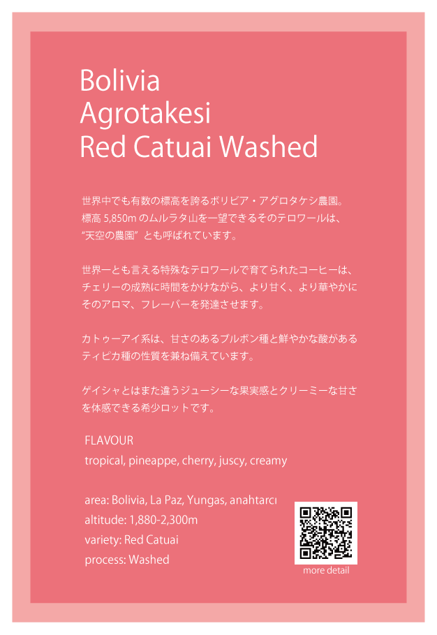 【浅煎り】ボリビア アグロタケシ農園 レッドカトゥアイ ウォッシュド/ Bolivia Agrotakesi Red Catuai Wash ...